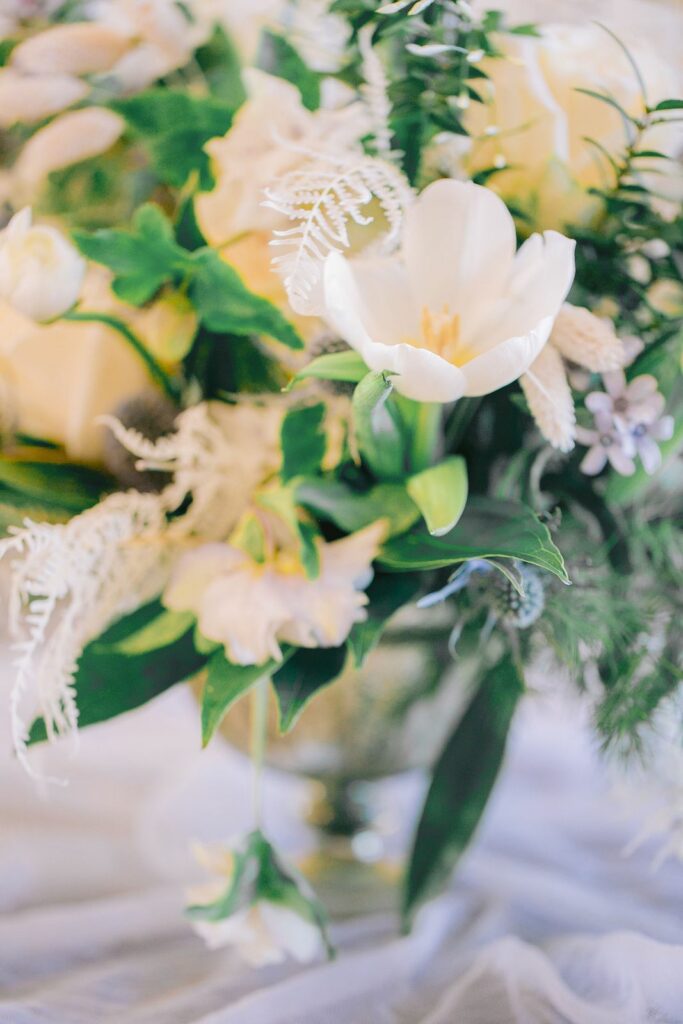 Fleuriste À la vie au vert – composition hiver tulipes blanches détail